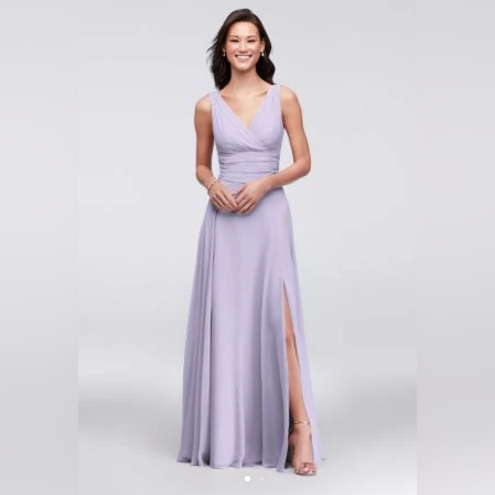 David’s Bridal Long Chiffon Surplice Tank Dress.  Size 8. 
STYLE# F19831